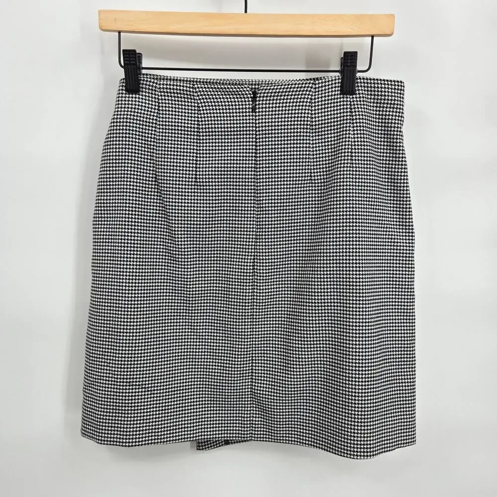Ann Taylor 4 Mini Skirt Houndstooth Black White Wrap Leather Buckle Aline Flare - Picture 3 of 6
